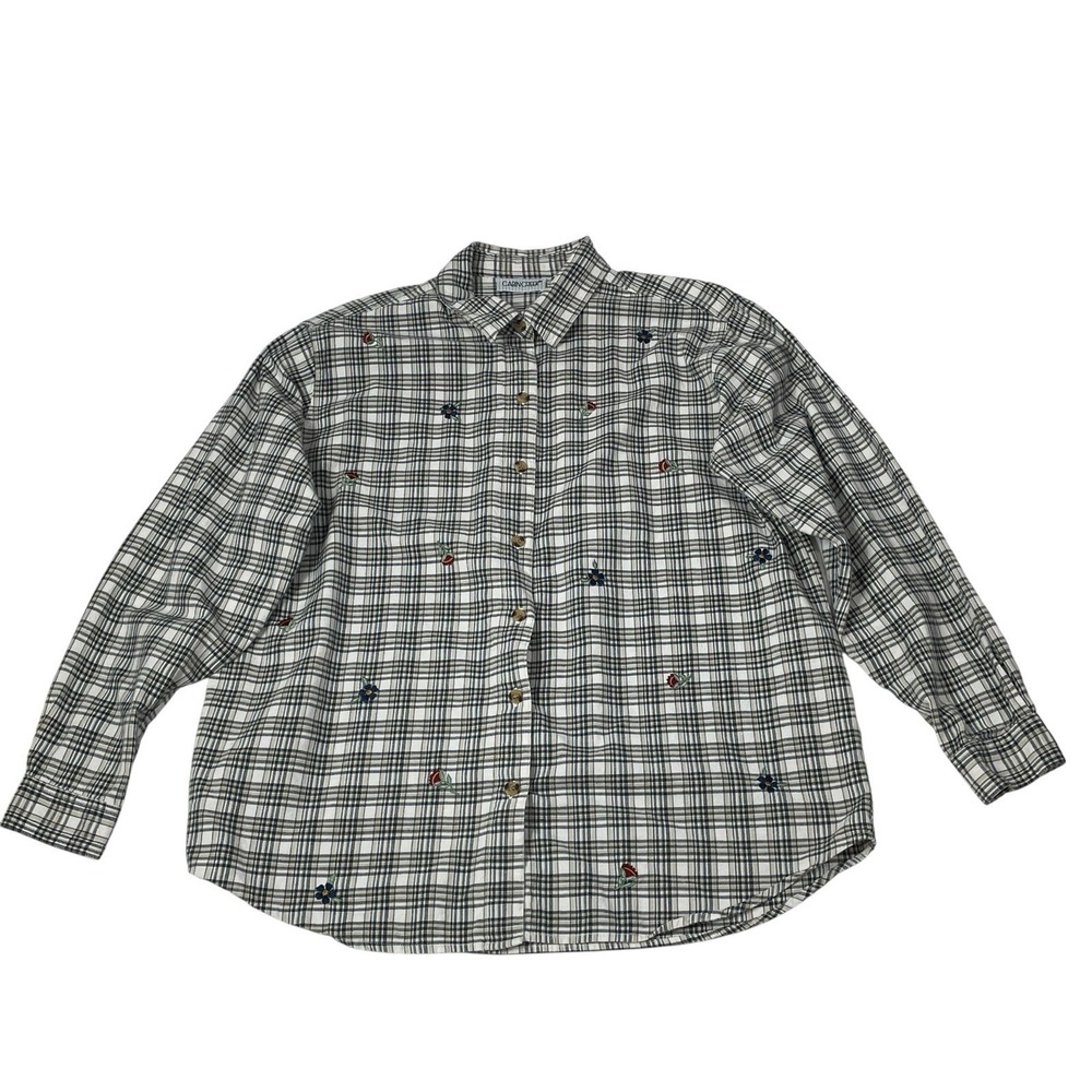 Cabin Creek Plaid Floral Embroidered Shirt Womens 18W Cotton Cottagecore